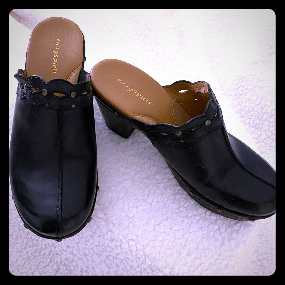 Black leather clogs
